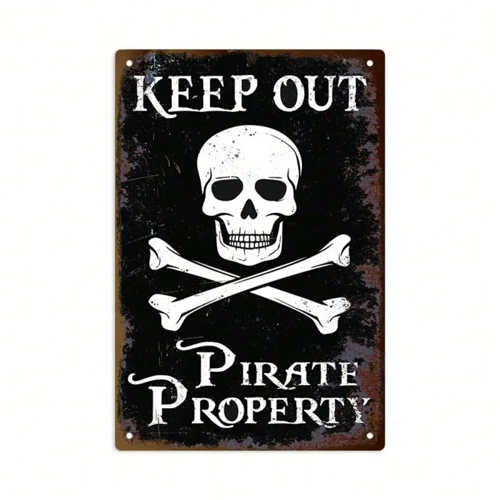 1PC Tin Sign Pirate Keep Out - Skull Crossbones Warning Decor, Bar/Man Cave, 8x12in/20x30cm