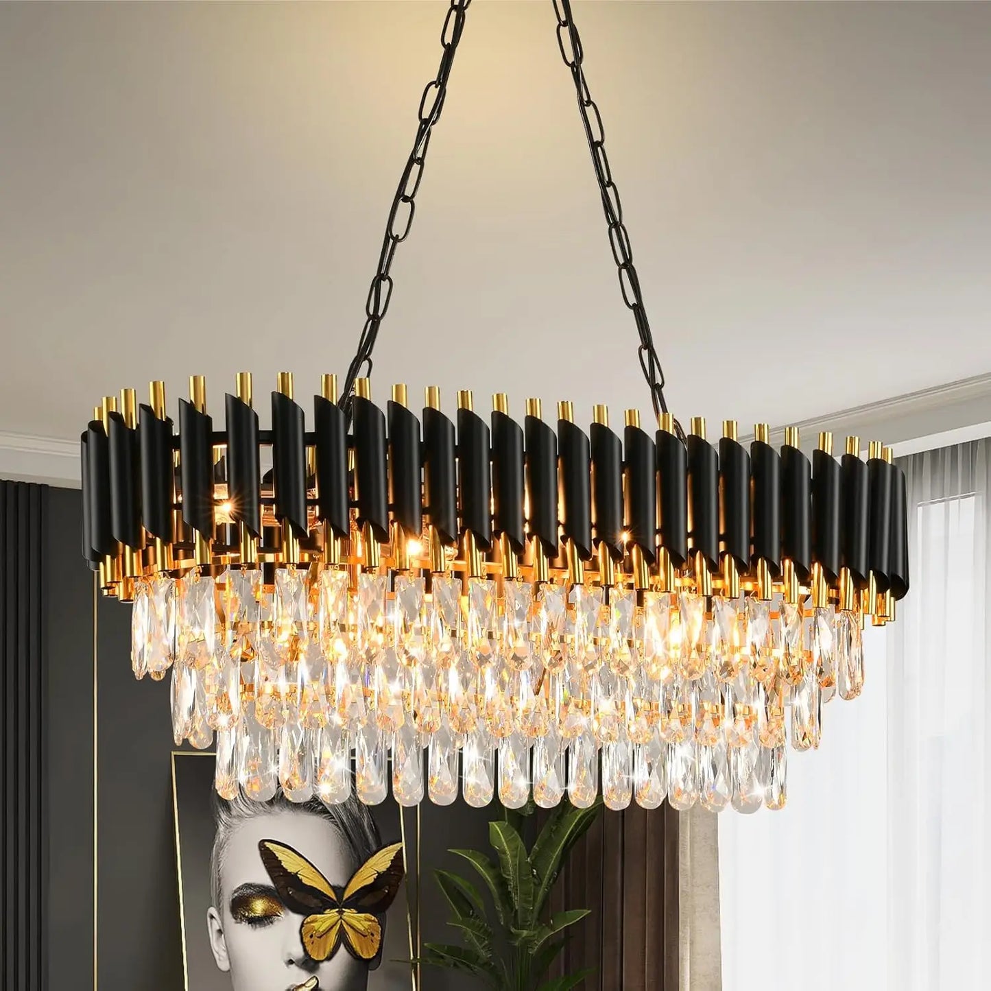 Modern Black & Gold Crystal Chandelier, 3-Tier K9 Oval Crystal Chandelier for Kitchen Island/Living Room/Bedroom/dining room
