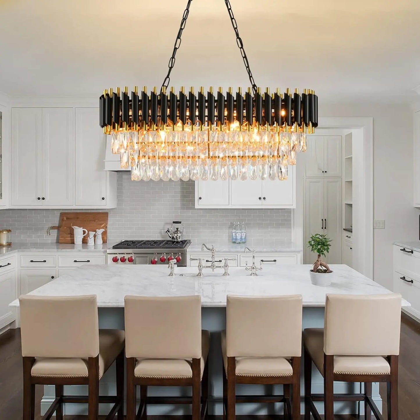 Modern Black & Gold Crystal Chandelier, 3-Tier K9 Oval Crystal Chandelier for Kitchen Island/Living Room/Bedroom/dining room