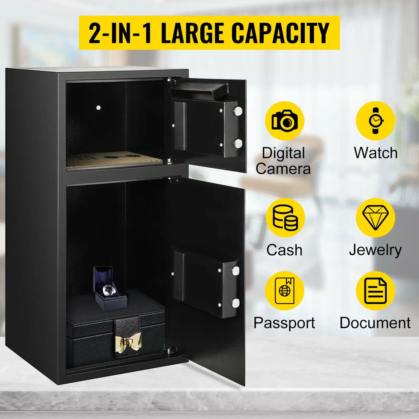 SucceBuy 33" Double Door Safe Deposit Box Secret Hidden Piggy Bank Steel Separate Storage Space Electronic Lock for Office Home