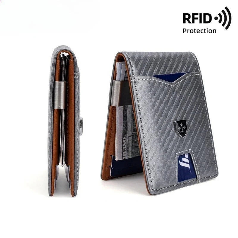 Protection Carbon Fiber Men's Leather Money Clip Wallet With A Metal Clamp Credit Card Slots ID Cash Holder Small Purse