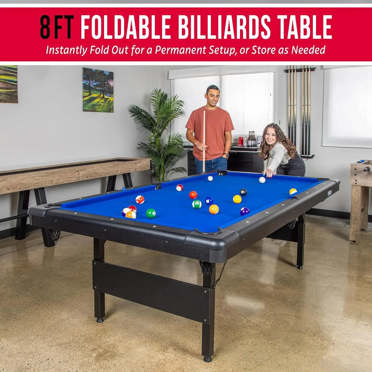 Hot sales8 ft Billiards Table - Portable Pool Table - Includes Full Set of Balls, 2 Cue Sticks, Chalk and Felt Brush