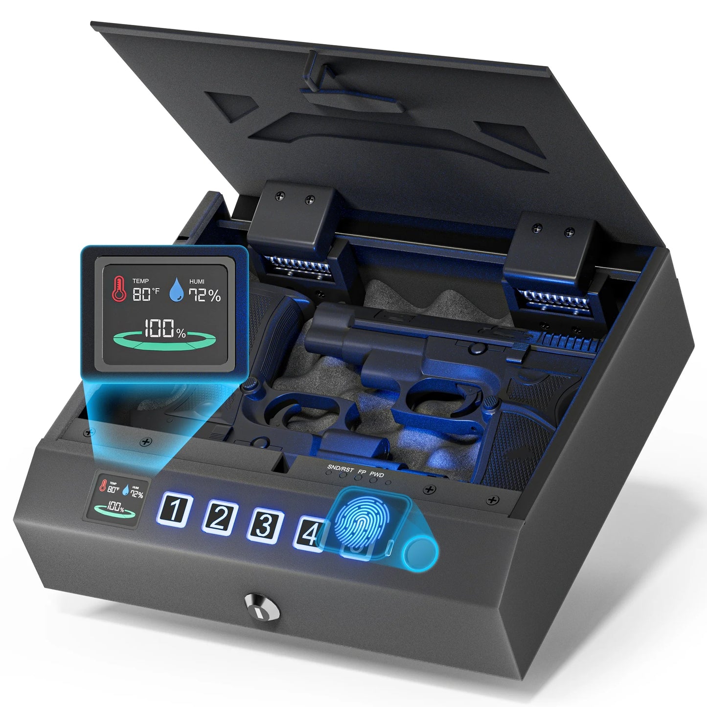 Gun Safe for Handgun, Biometric Pistol Safes with LCD Display&Anti-theft Rope-Hand Gun Lock Box for Desk Drawer,Nightstand,Car