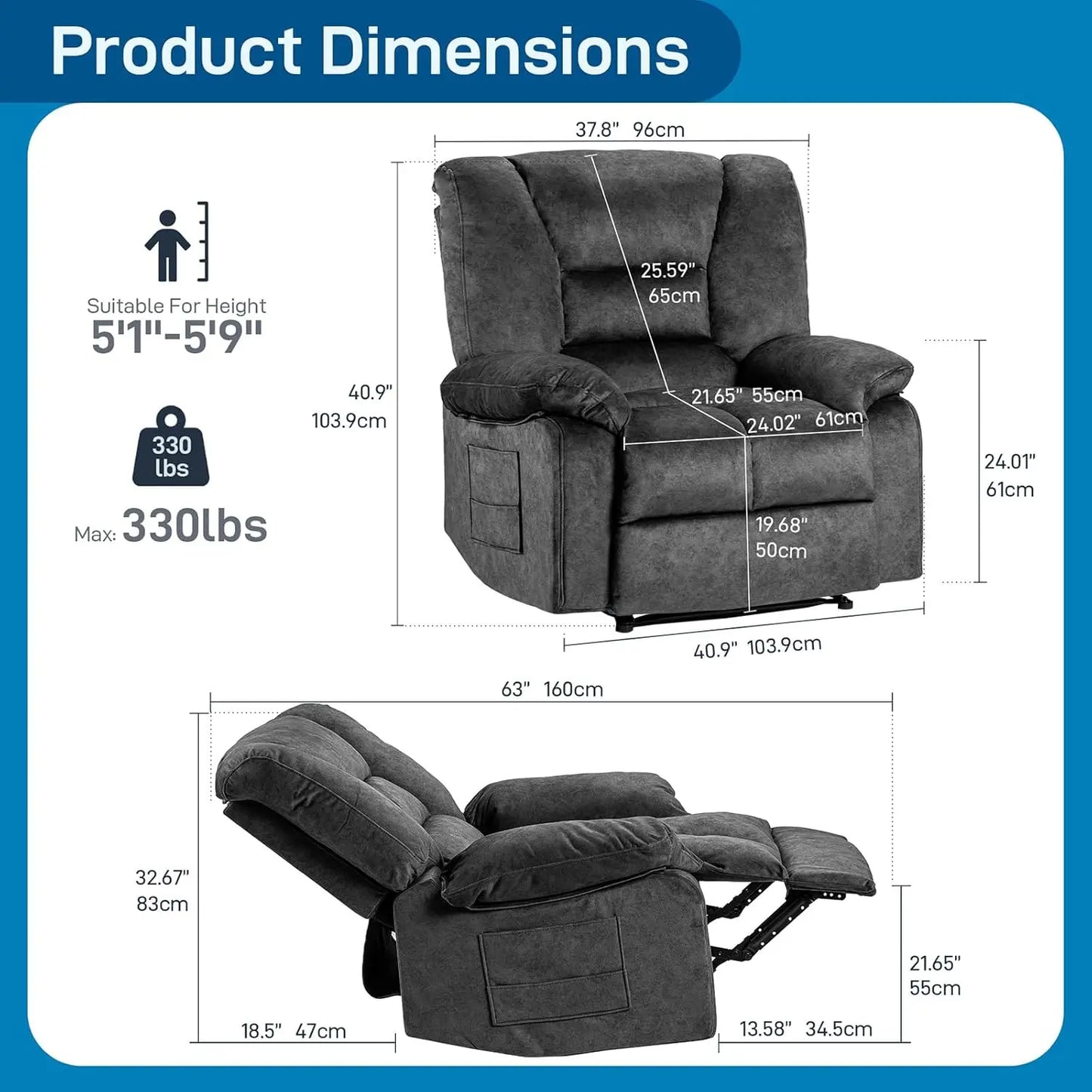 Fabric Lazy Boy Recliner Chair for Bedroom, Manual Reclining Chairs for Adults，Grey Recliner Chair with Adjustable, Customized