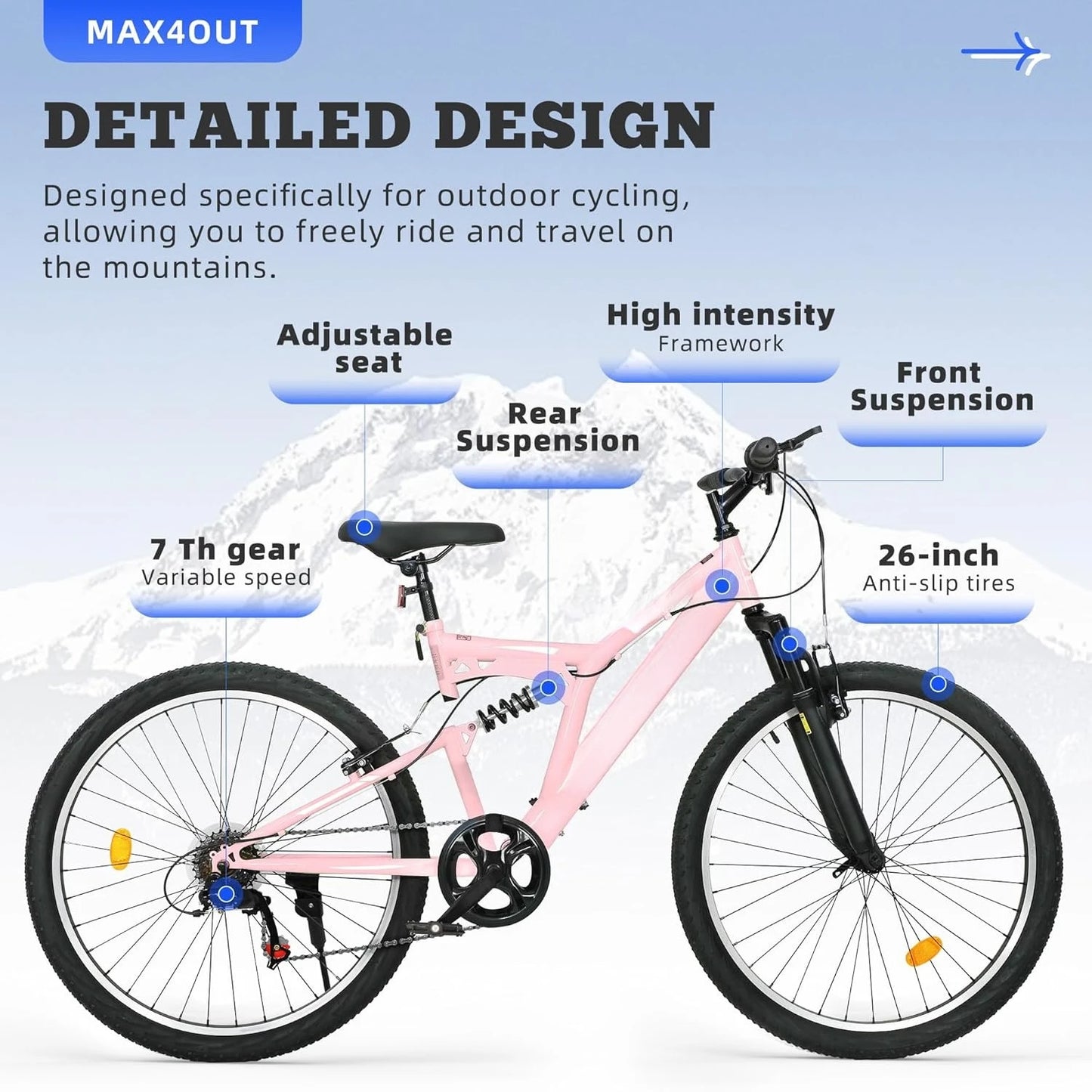 26 inch Mountain Bike, Outdoor Hybrid Bikes,7-Speed/High-Carbon Steel/Dual Full Suspension, for Men Women Adult,, Customized