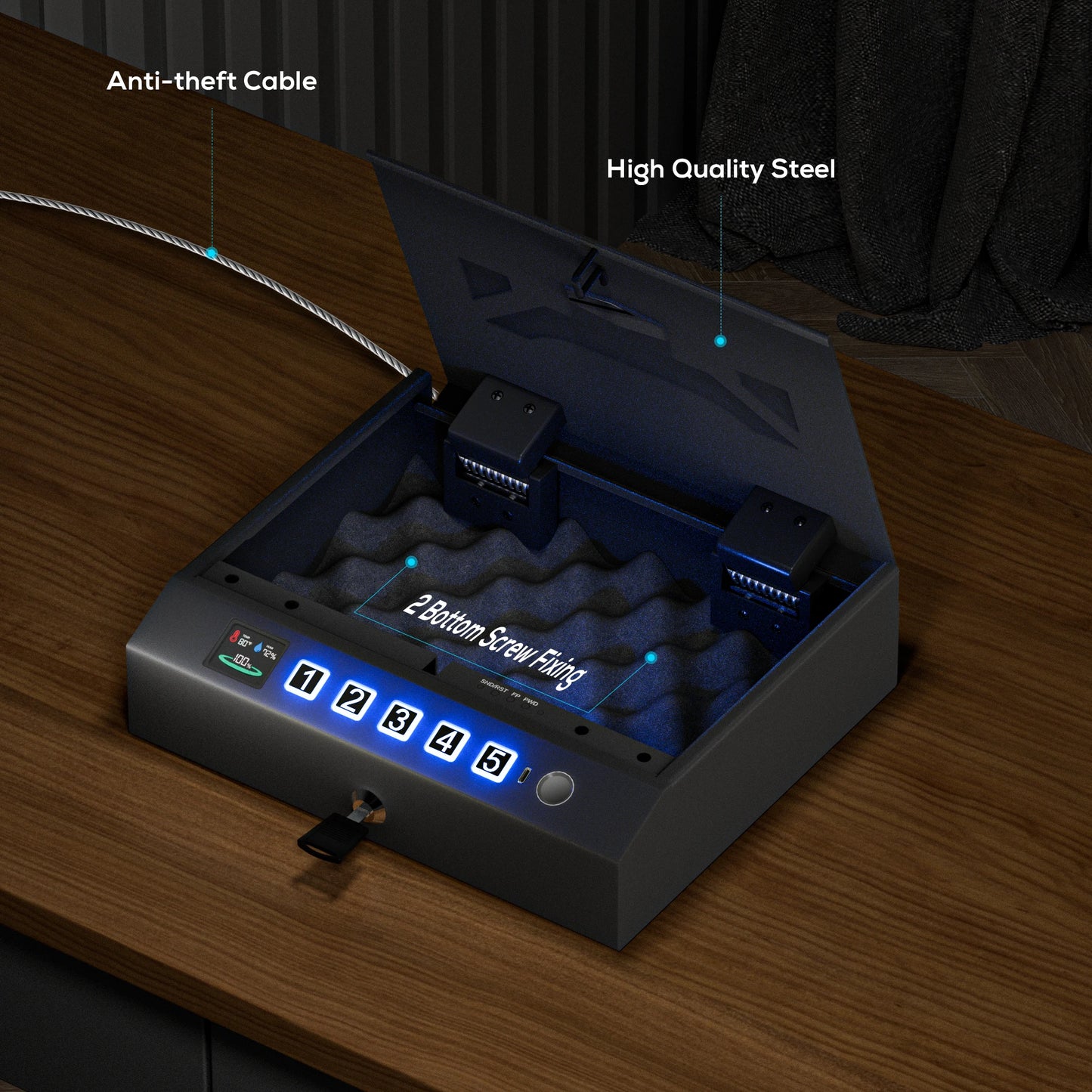 Gun Safe for Handgun, Biometric Pistol Safes with LCD Display&Anti-theft Rope-Hand Gun Lock Box for Desk Drawer,Nightstand,Car