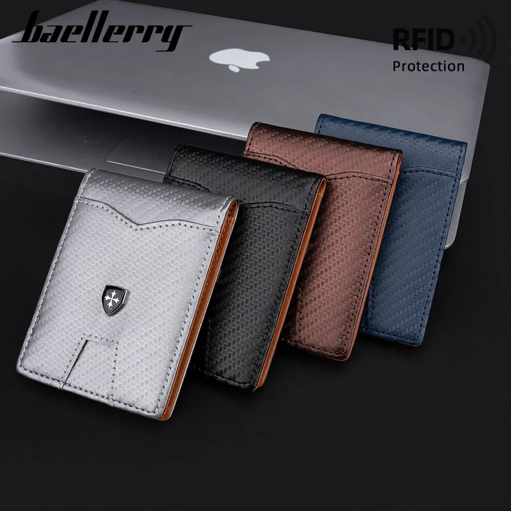 Protection Carbon Fiber Men's Leather Money Clip Wallet With A Metal Clamp Credit Card Slots ID Cash Holder Small Purse