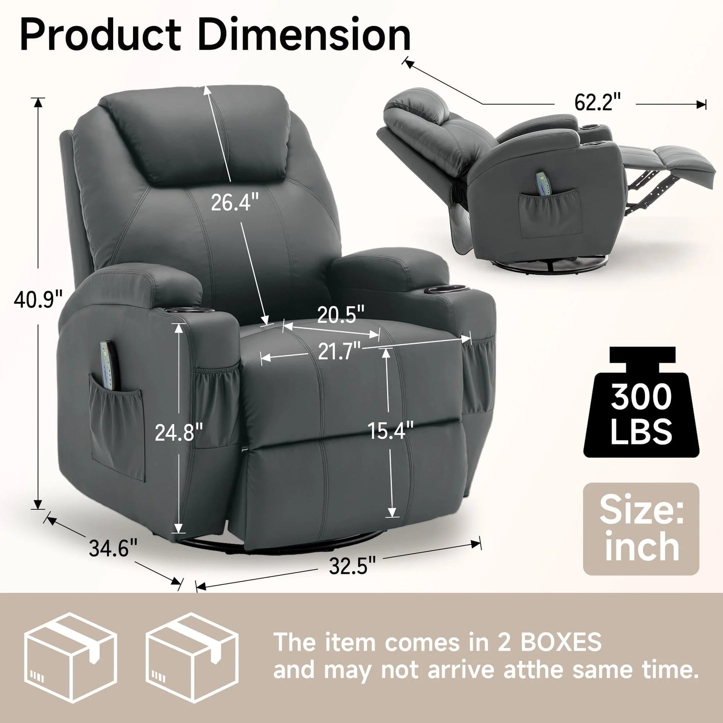 Recliner Chair with Massage and Heat, 360° Swivel Rocking Chairs for Adults, Remote Control and Cup Holder for Living Room