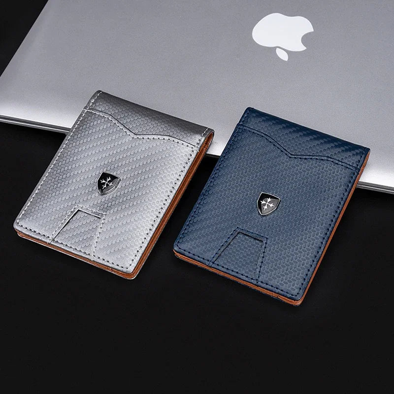 Protection Carbon Fiber Men's Leather Money Clip Wallet With A Metal Clamp Credit Card Slots ID Cash Holder Small Purse