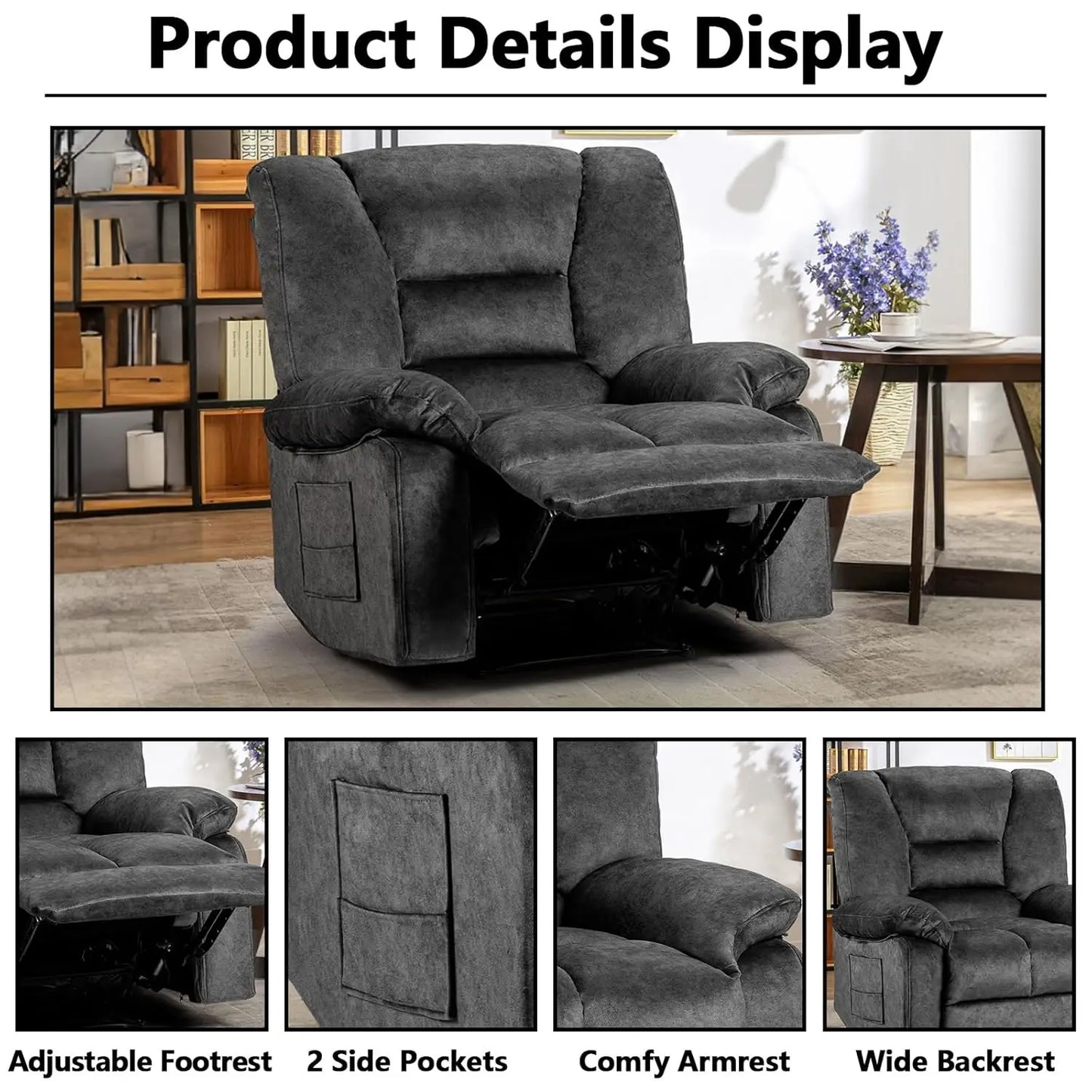 Fabric Lazy Boy Recliner Chair for Bedroom, Manual Reclining Chairs for Adults，Grey Recliner Chair with Adjustable, Customized