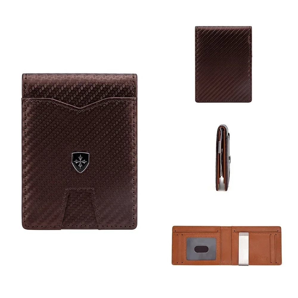 Protection Carbon Fiber Men's Leather Money Clip Wallet With A Metal Clamp Credit Card Slots ID Cash Holder Small Purse