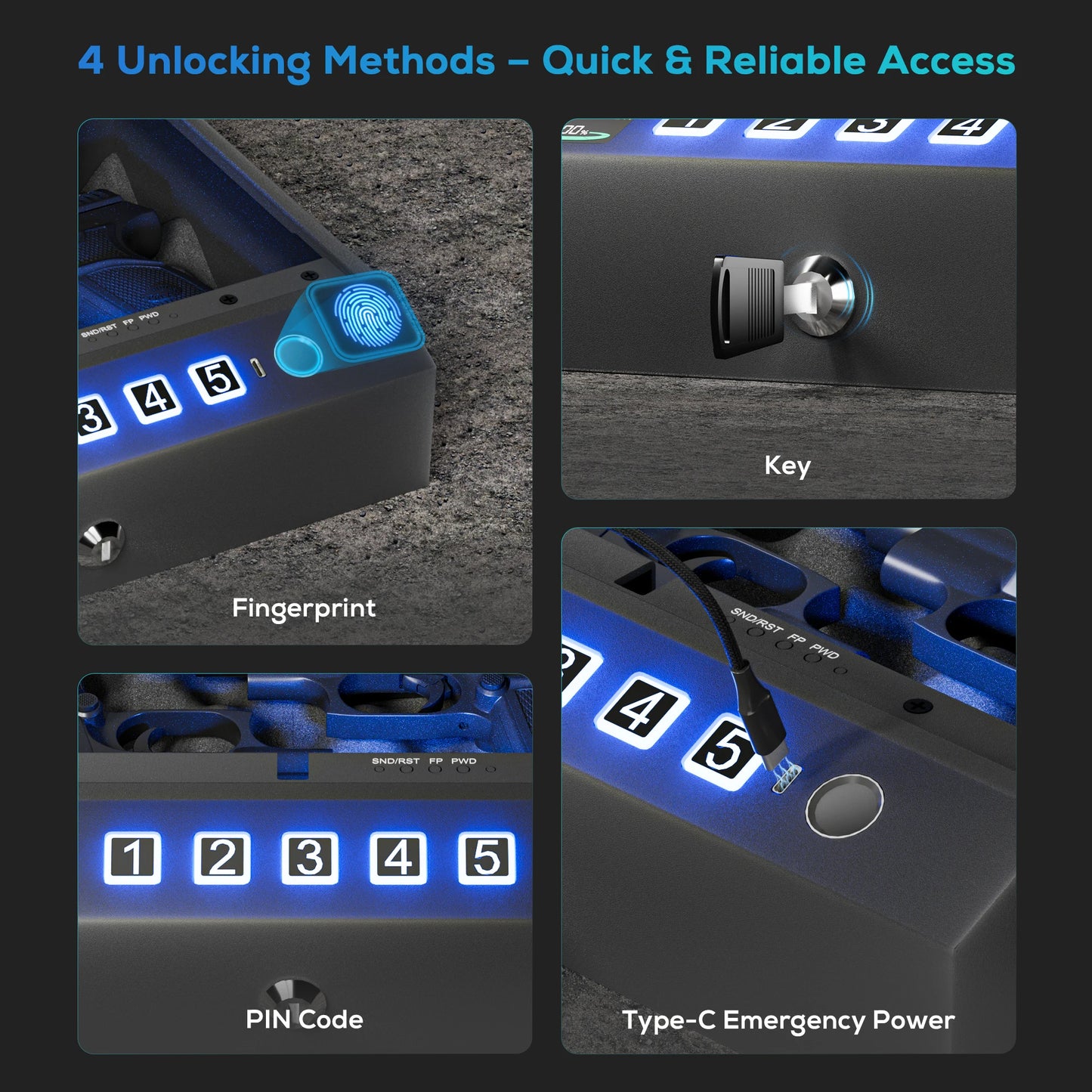 Gun Safe for Handgun, Biometric Pistol Safes with LCD Display&Anti-theft Rope-Hand Gun Lock Box for Desk Drawer,Nightstand,Car