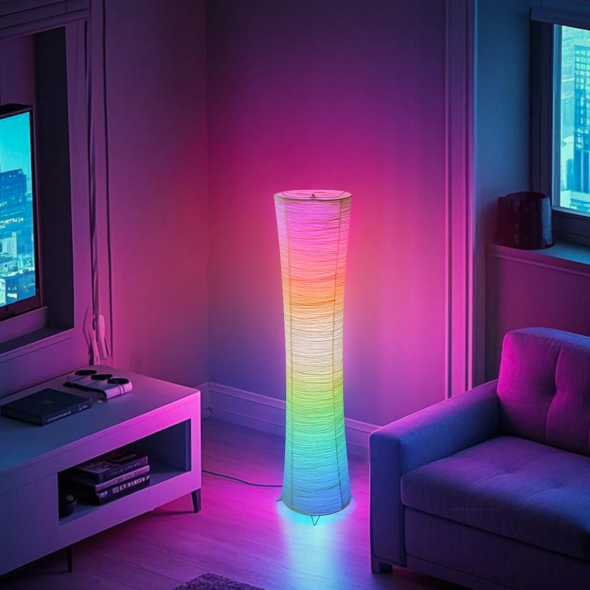 Paper lamp, RGB color-changing LED smart lamp, remote control, floor lamp, suitable for living room, bedroom and game room.