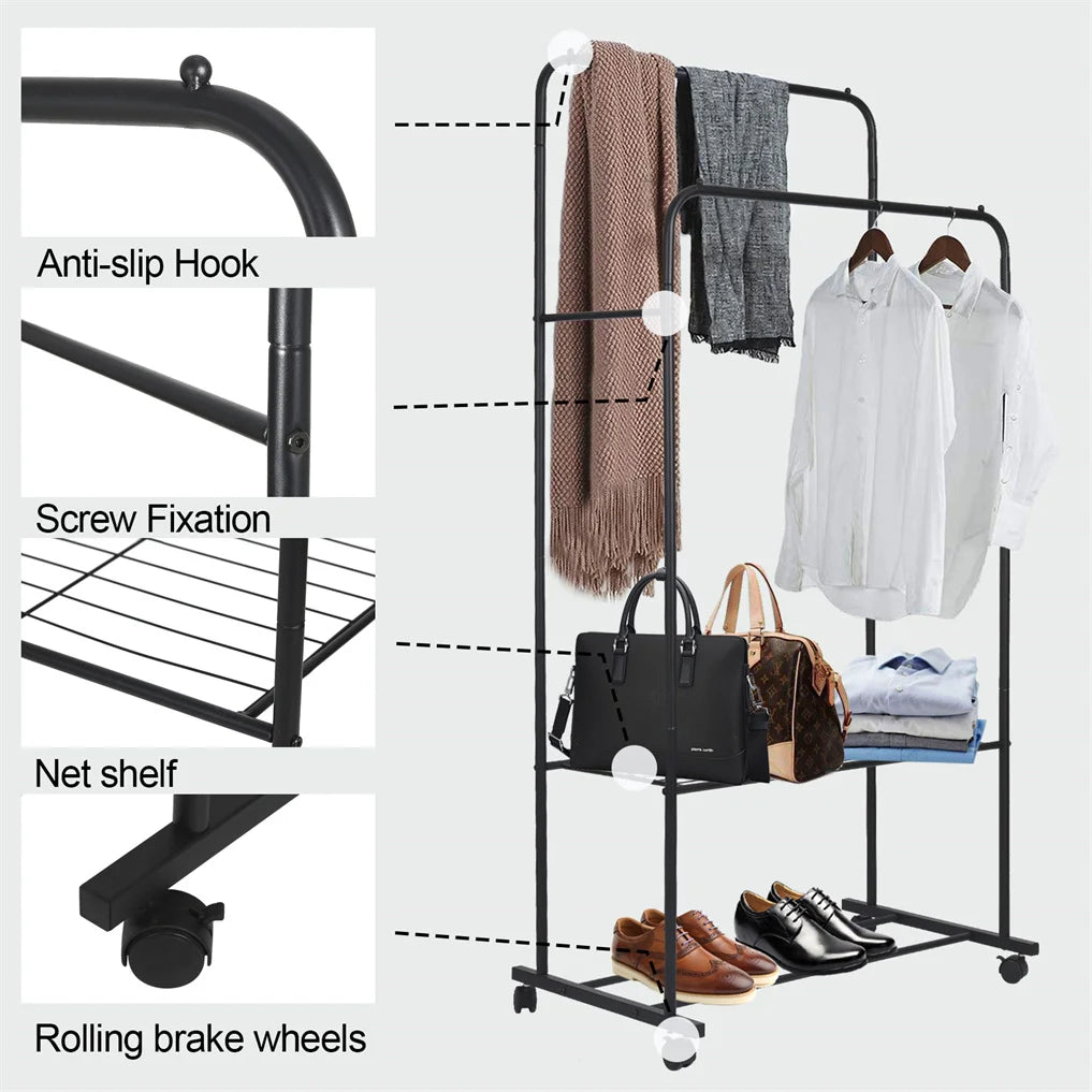 Heavy Metal Double Clothes Rail Hanging Rack Garment Display Stand Storage Shelf Rolling Closet Organizer