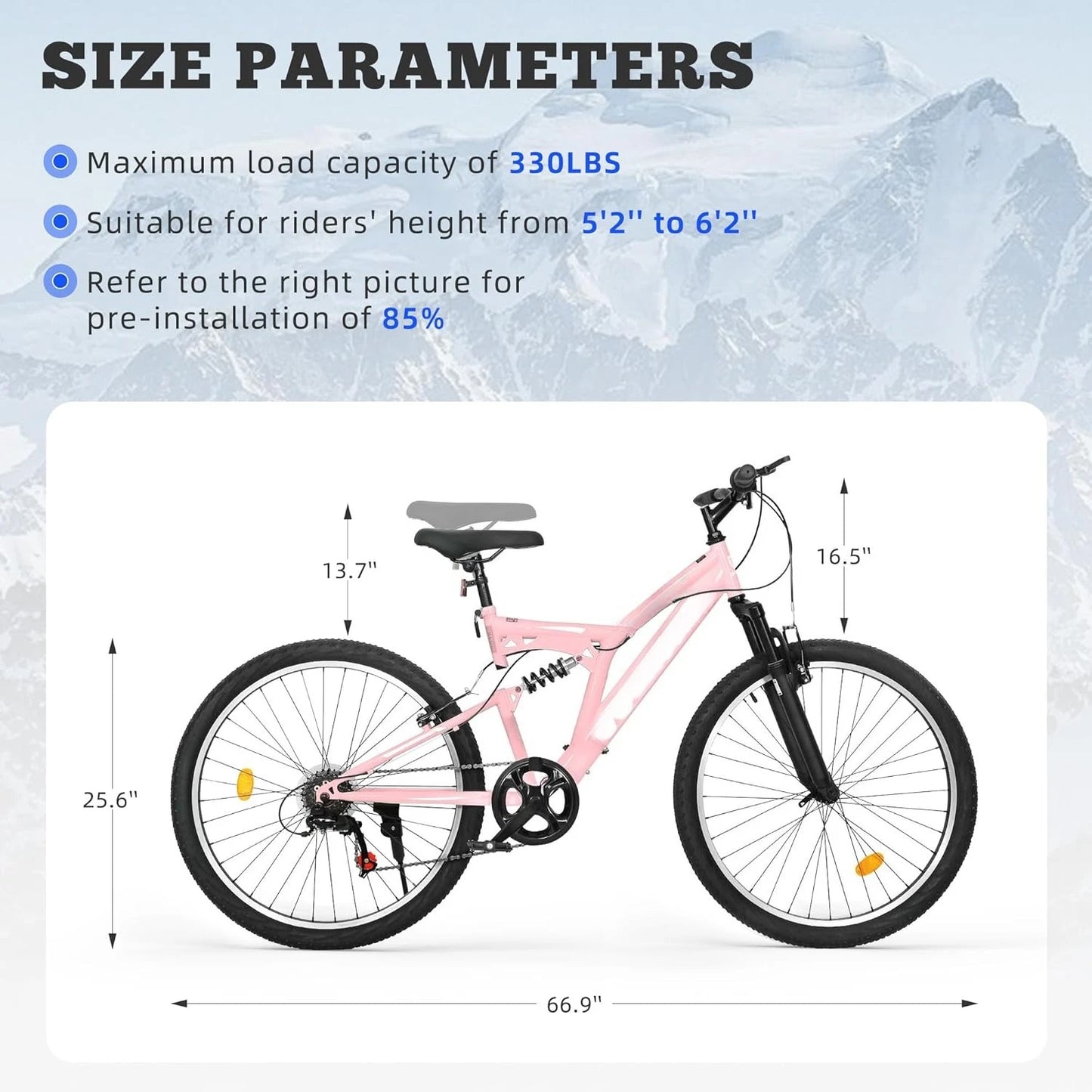 26 inch Mountain Bike, Outdoor Hybrid Bikes,7-Speed/High-Carbon Steel/Dual Full Suspension, for Men Women Adult,, Customized