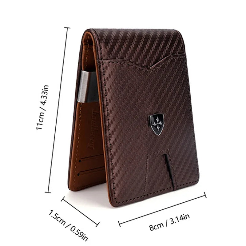 Protection Carbon Fiber Men's Leather Money Clip Wallet With A Metal Clamp Credit Card Slots ID Cash Holder Small Purse