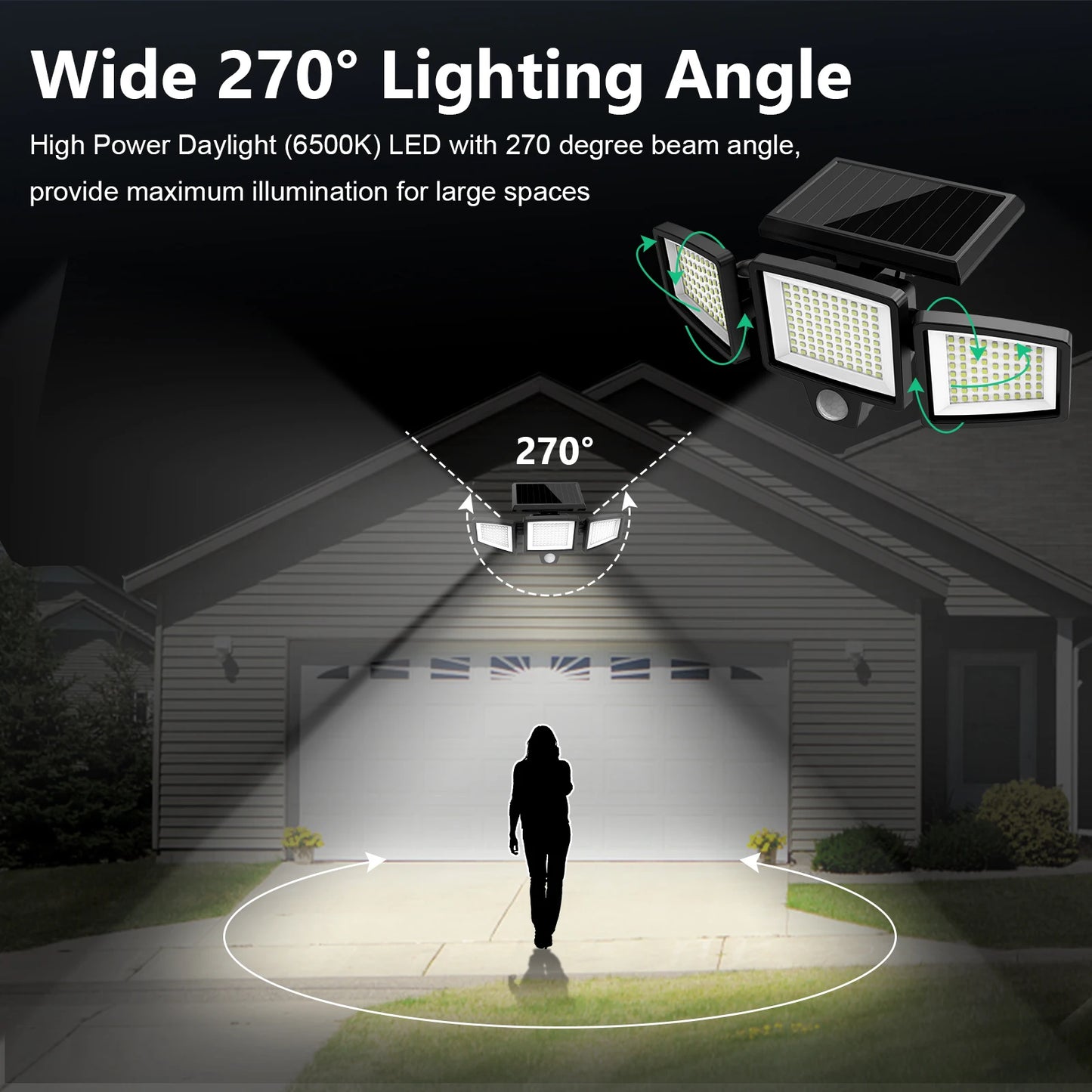 Outdoor Waterproof Solar Light with Motion Sensor 3-Head 200+ LEDs Security Light for Porches Garages Yard Entrances