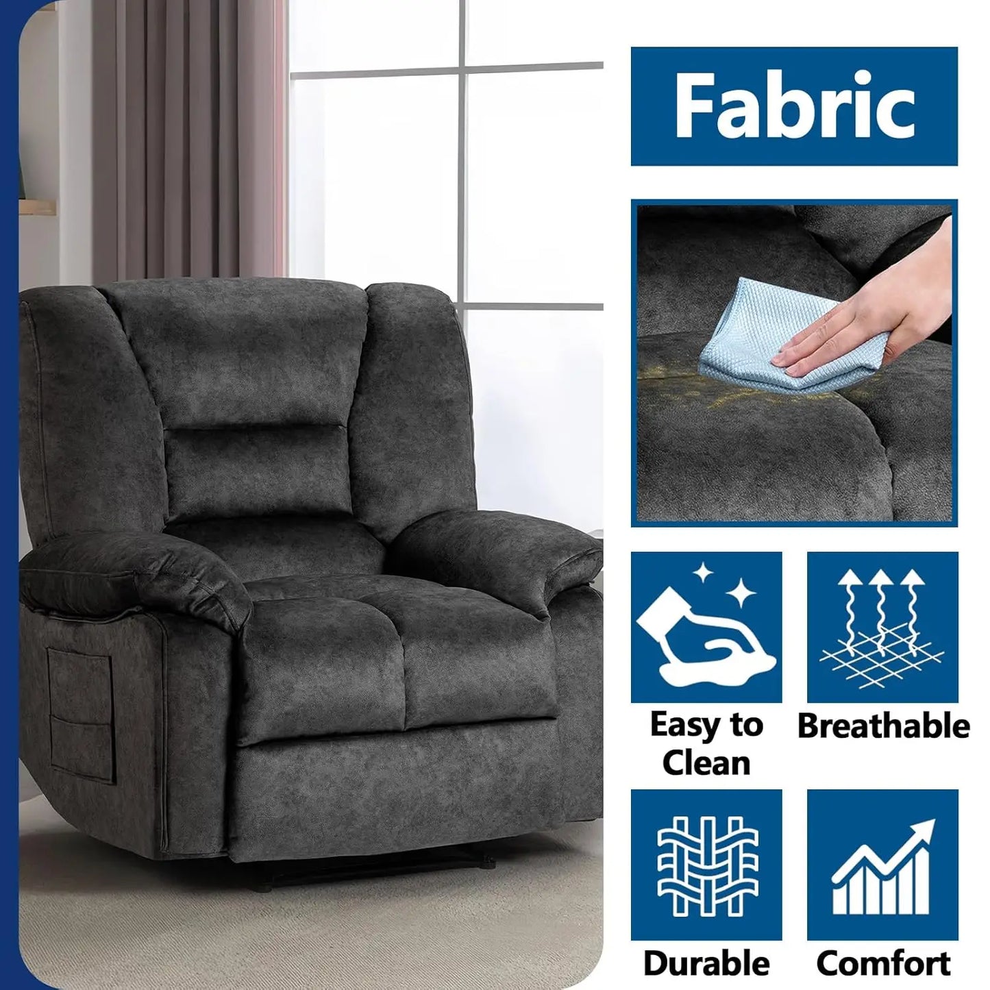 Fabric Lazy Boy Recliner Chair for Bedroom, Manual Reclining Chairs for Adults，Grey Recliner Chair with Adjustable, Customized