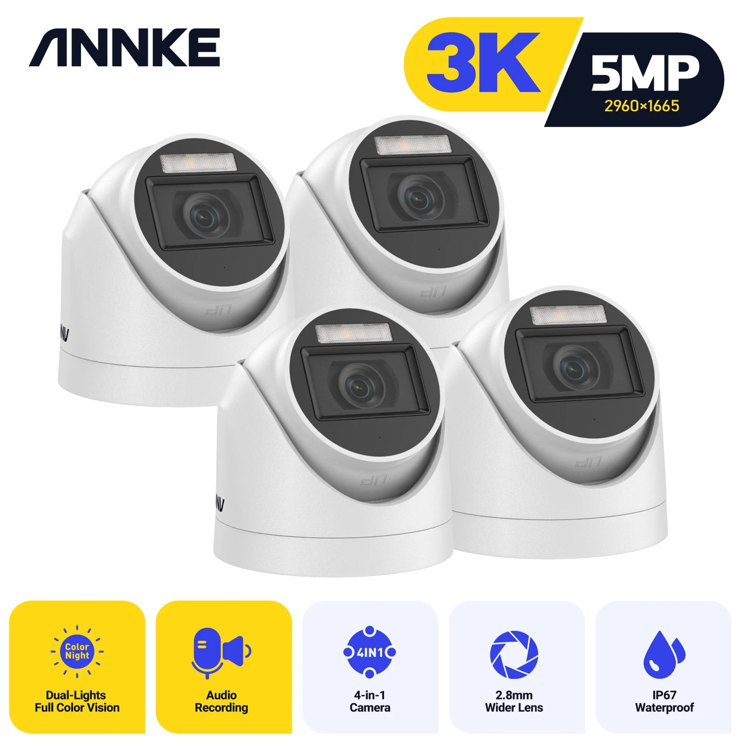 ANNKE 4Pcs 5MP CCTV Cameras IP67 Waterproof Video Surveillance Outdoor Dome Camera IR Cut Filter Camera Kit