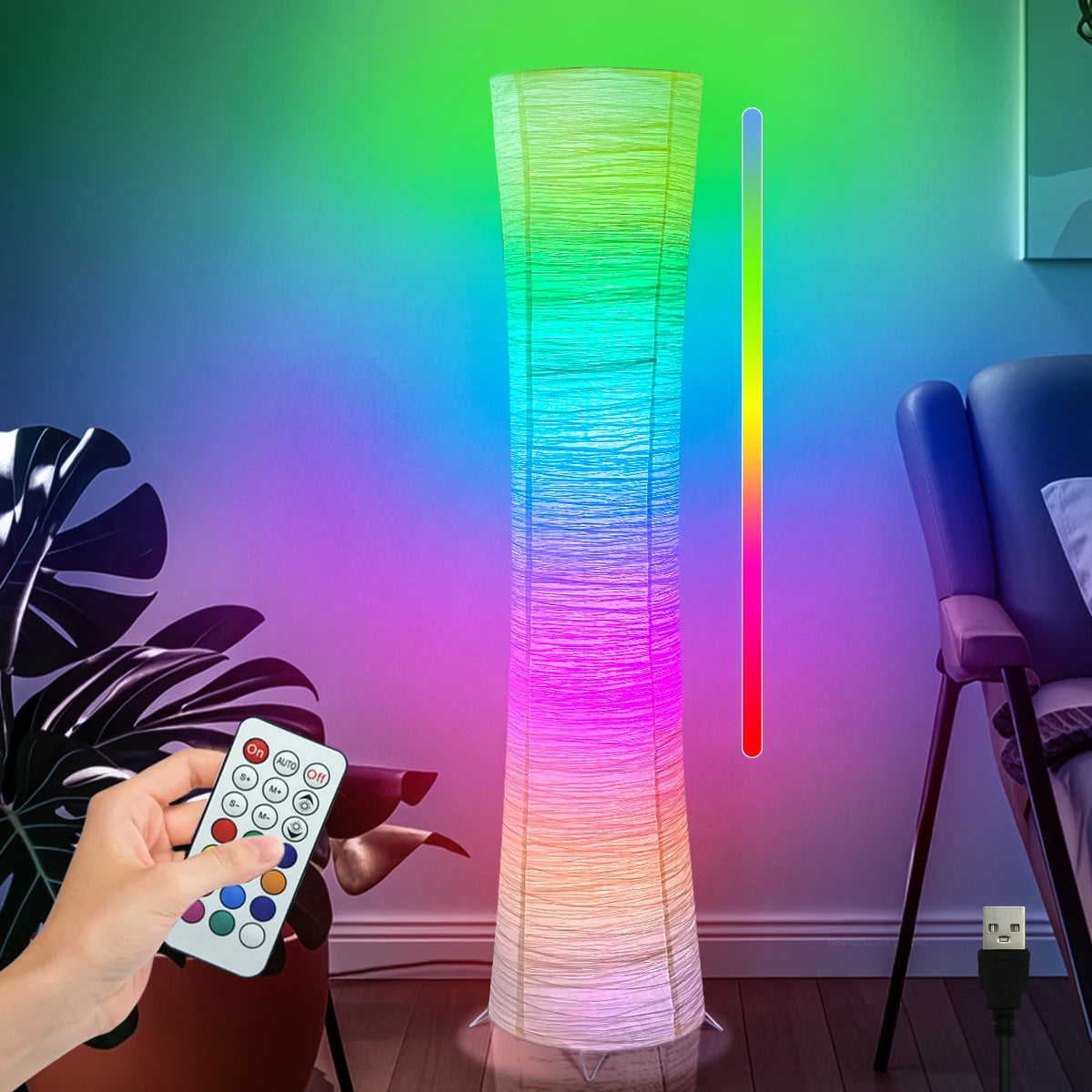 Paper lamp, RGB color-changing LED smart lamp, remote control, floor lamp, suitable for living room, bedroom and game room.