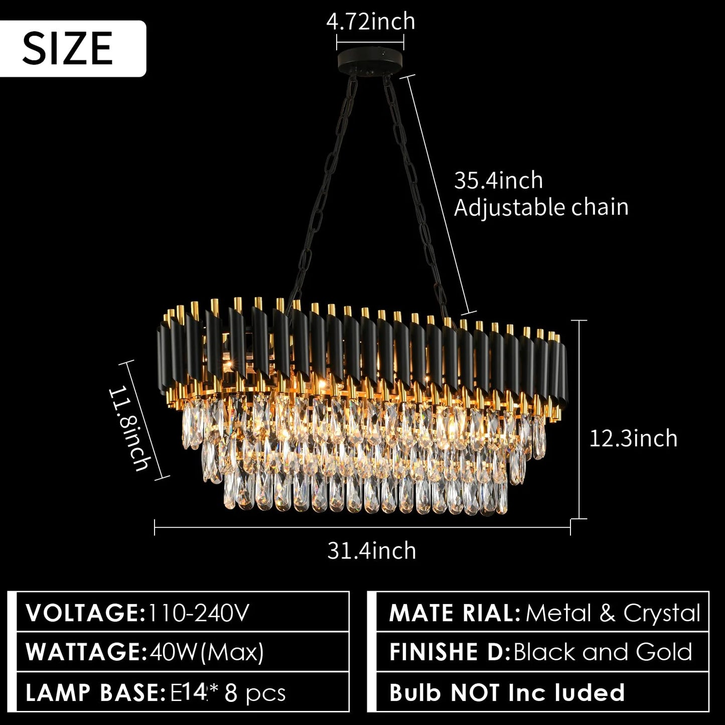 Modern Black & Gold Crystal Chandelier, 3-Tier K9 Oval Crystal Chandelier for Kitchen Island/Living Room/Bedroom/dining room