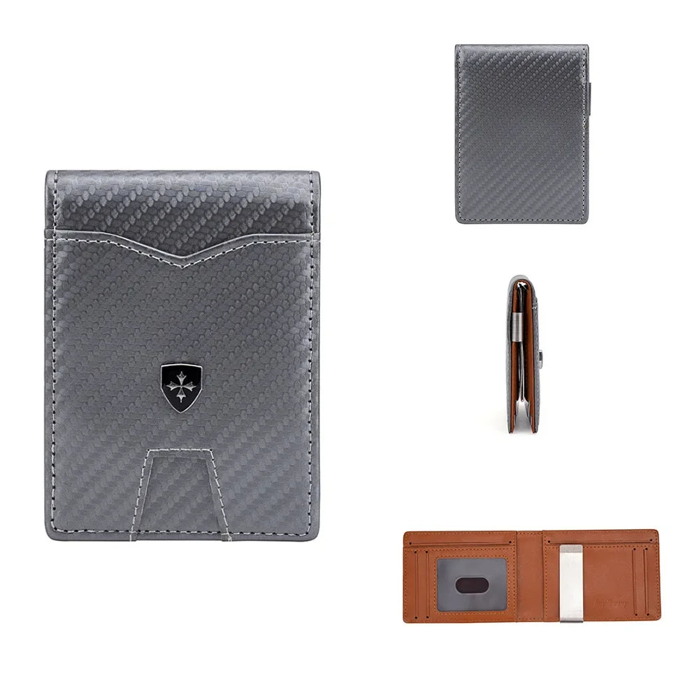 Protection Carbon Fiber Men's Leather Money Clip Wallet With A Metal Clamp Credit Card Slots ID Cash Holder Small Purse