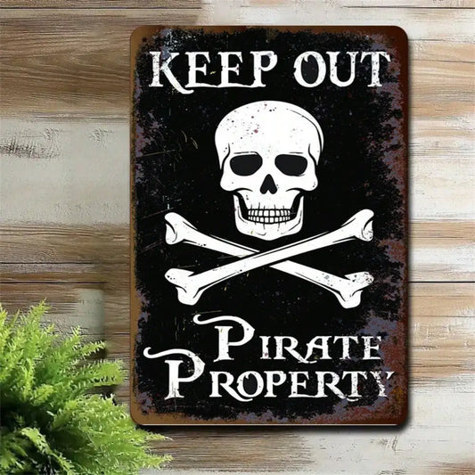 1PC Tin Sign Pirate Keep Out - Skull Crossbones Warning Decor, Bar/Man Cave, 8x12in/20x30cm
