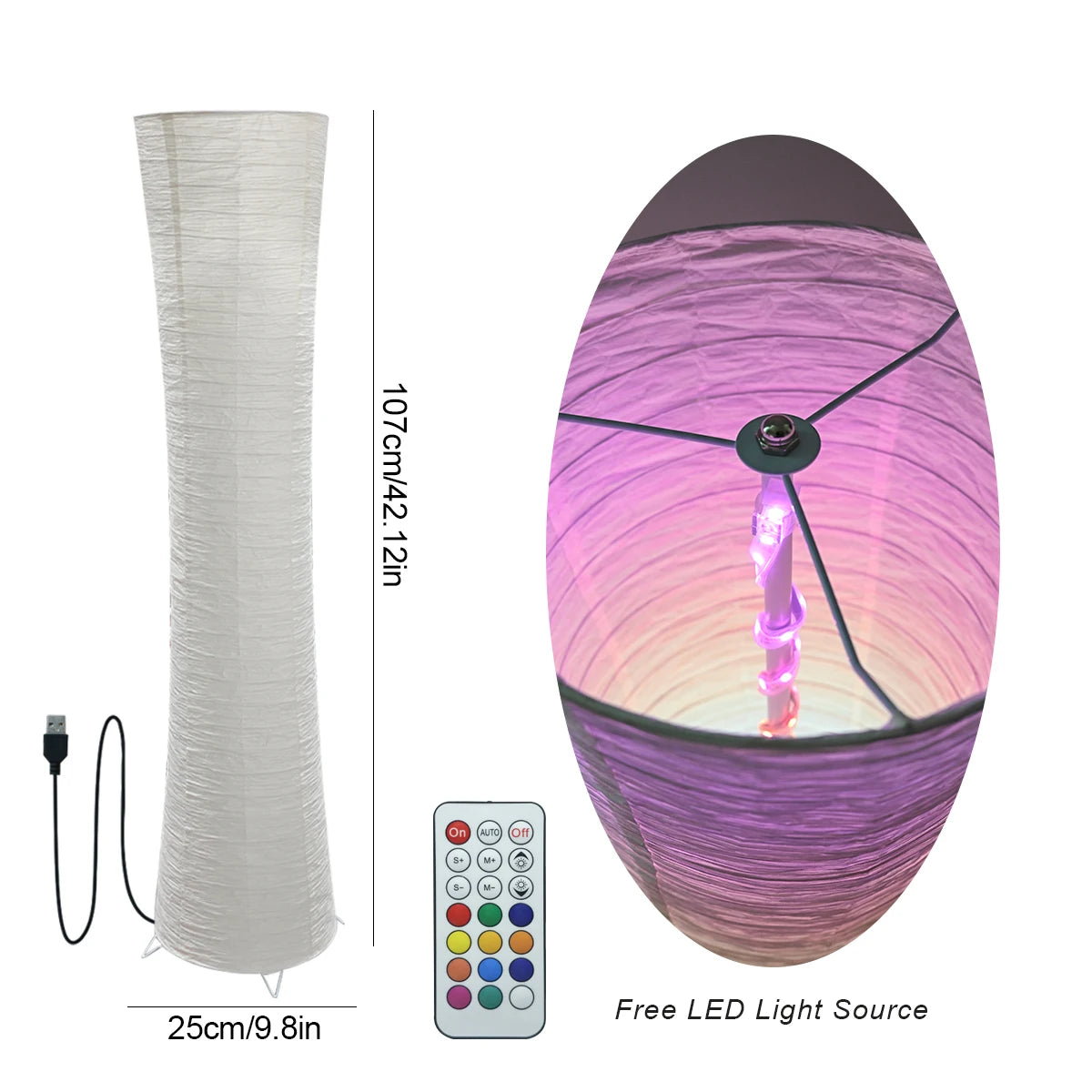 Paper lamp, RGB color-changing LED smart lamp, remote control, floor lamp, suitable for living room, bedroom and game room.