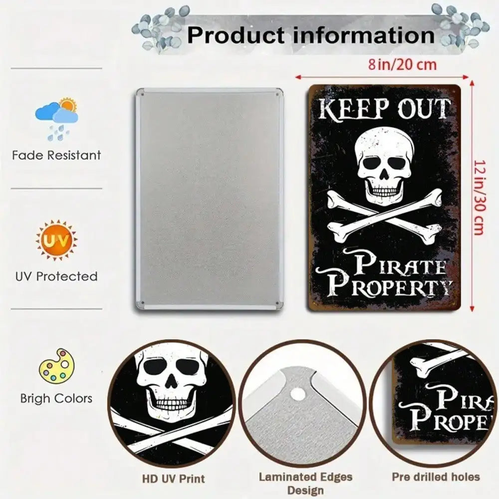1PC Tin Sign Pirate Keep Out - Skull Crossbones Warning Decor, Bar/Man Cave, 8x12in/20x30cm