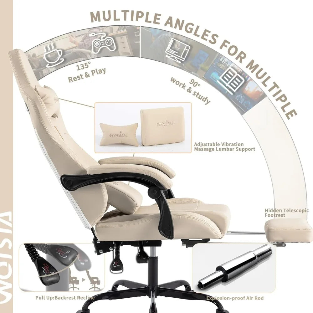 Ergonomic Massage Gaming Chair with Adjustable Rocker Recliner, Lumbar Cushion, and Footrest for Comfortable Video Gaming Experi