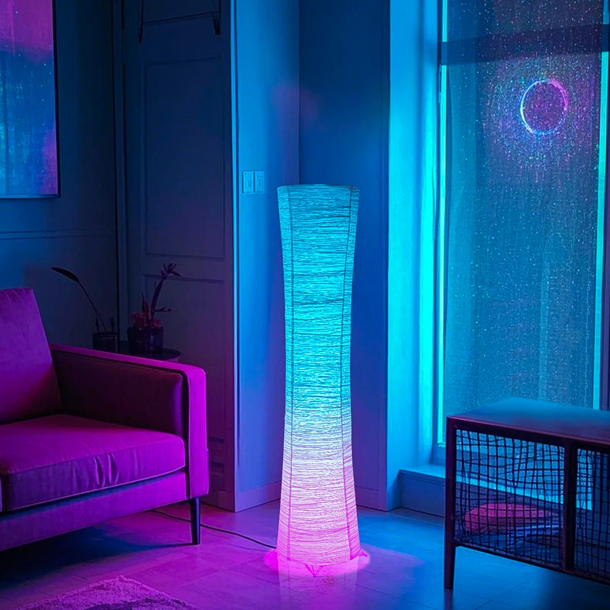 Paper lamp, RGB color-changing LED smart lamp, remote control, floor lamp, suitable for living room, bedroom and game room.