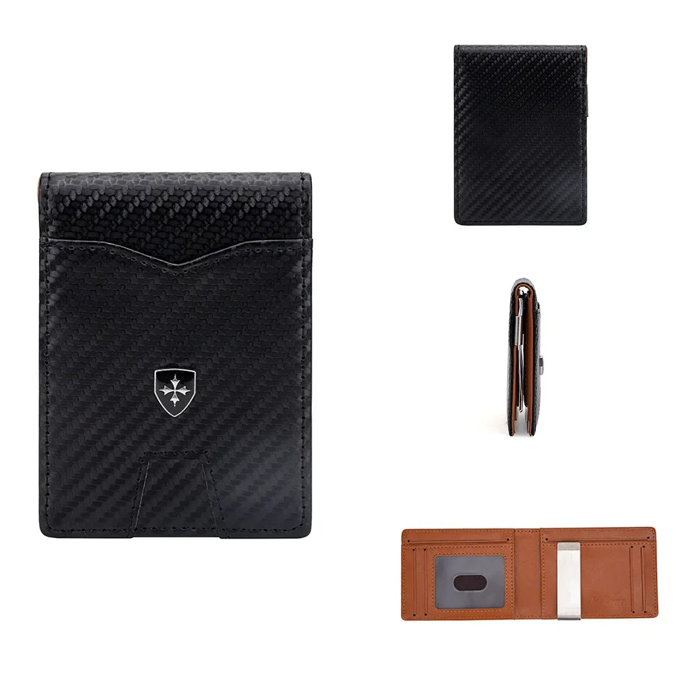 Protection Carbon Fiber Men's Leather Money Clip Wallet With A Metal Clamp Credit Card Slots ID Cash Holder Small Purse